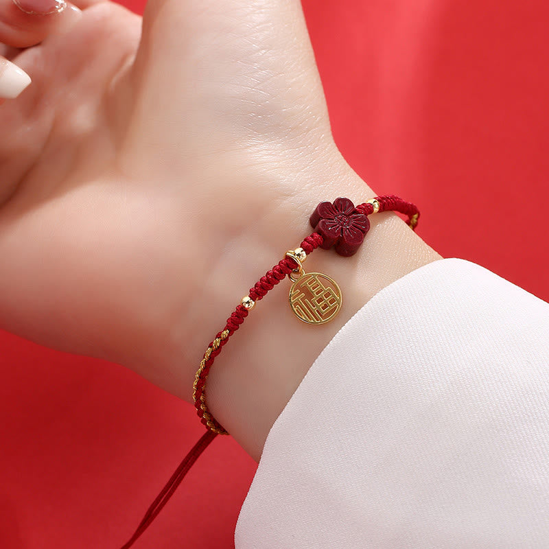 Pulsera de hilo trenzado con Buddha Stones, flor de cinabrio, carácter Fu, bendición
