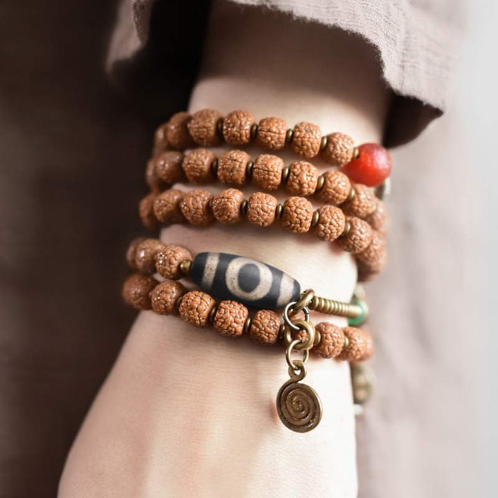 108 cuentas de Mala Rudraksha, semilla Bodhi, cuentas Dzi, pulsera de borlas de suerte auspiciosa