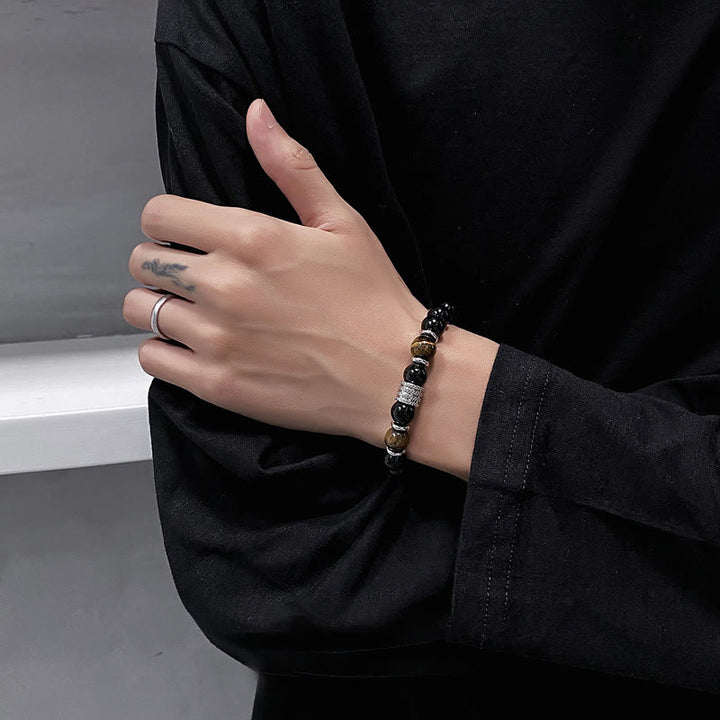 Pulsera de cumplimiento de fuerza de ojo de tigre de obsidiana negra natural con Buddha Stones
