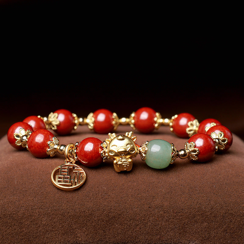 Buddha Stones Año del Dragón Cinabrio Natural Fu Carácter Charm Pulsera de Bendición