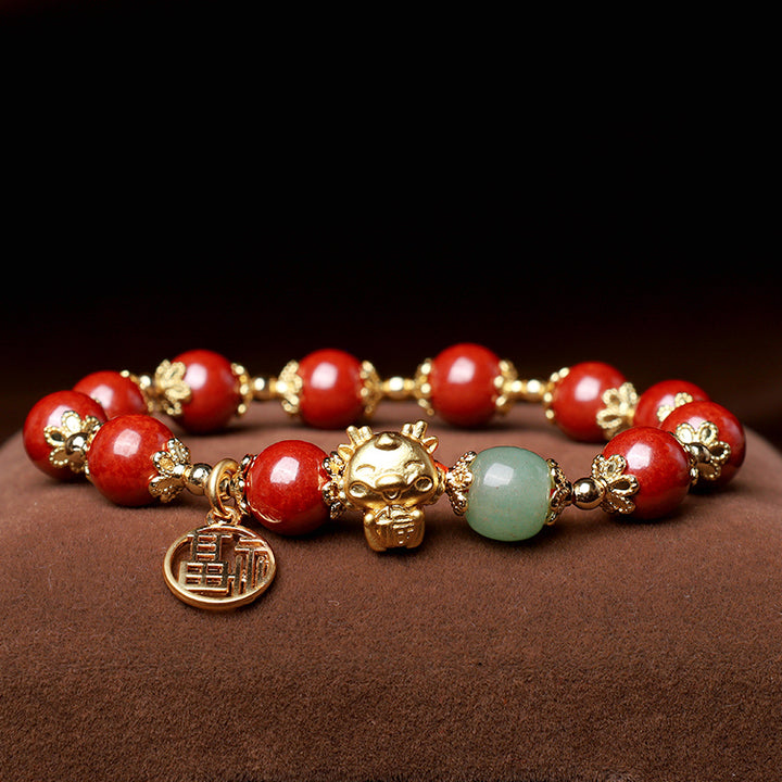 Buddha Stones Año del Dragón Cinabrio Natural Fu Carácter Charm Pulsera de Bendición
