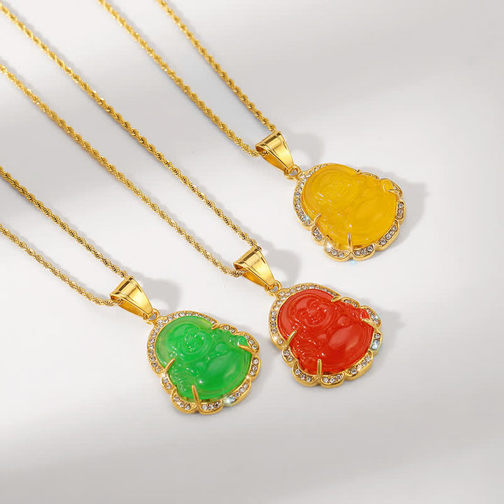 Colgante de cadena con collar de la suerte de jade de Buda sonriente relleno de oro de 18 quilates con Buddha Stones - image 12