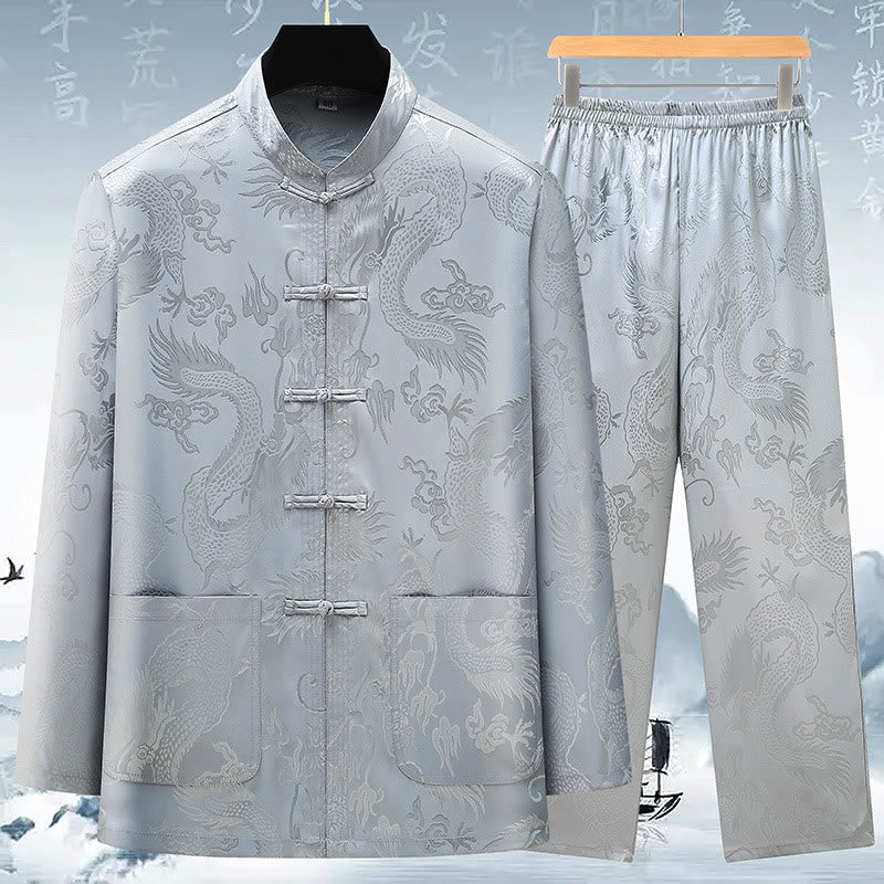 Traje Tang de Buddha Stones Hombres Hanfu Dragón Chino Ropa Tradicional Camisa de Kung Fu Uniforme Abrigo de Manga Larga Tops y Pantalones Ropa Conjunto para Hombres - Gris - US/UK/AU42, EU52 (3XL) - image 0