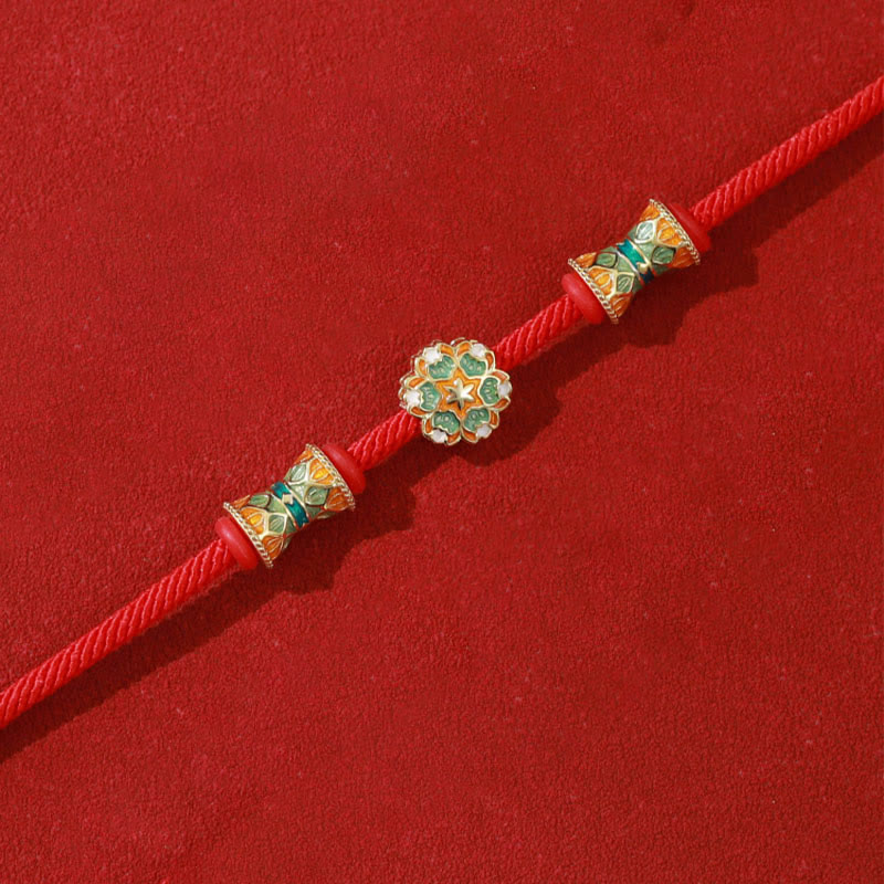 Pulsera de cuerda roja de nuevo comienzo con tambor de loto de Plata de Ley 925 de Buddha Stones Dunhuang