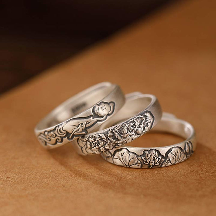 Anillo de iluminación de flor de peonía de loto de plata de ley 999