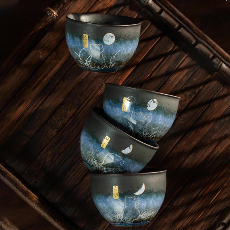 Taza de té de cerámica con Buddha Stones, tazas de té negras con gato encantador, 140ml