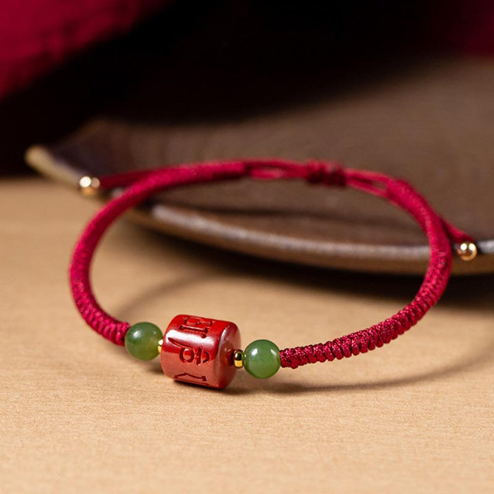 Pulsera de cuerda trenzada con Buddha Stones Tibetam cinabrio Om Mani Padme Hum grabada bendición