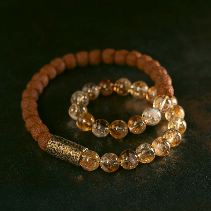 Buddha Stones, cristal de citrino Natural, Rudraksha, semilla de Bodhi, cuentas de latón, pulsera de doble envoltura para prosperidad