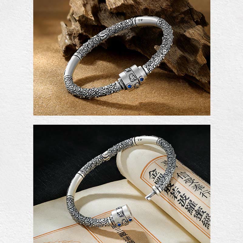 Pulsera de creatividad grabada con Buddha Stones de plata de ley 990, nubes auspiciosas tibetanas, Om Mani Padme Hum