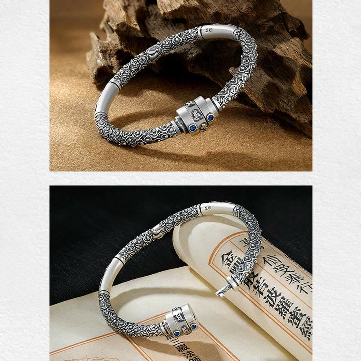 Pulsera de creatividad grabada con Buddha Stones de plata de ley 990, nubes auspiciosas tibetanas, Om Mani Padme Hum