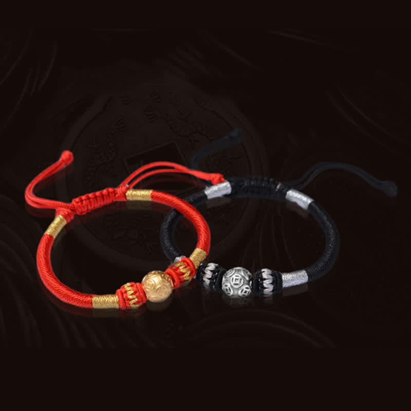 Pulsera de hilo con cuentas de la suerte, protección de monedas, cobre redondo, plata de ley 999, Buddha Stones