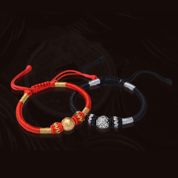 Pulsera de hilo con cuentas de la suerte, protección de monedas, cobre redondo, plata de ley 999, Buddha Stones