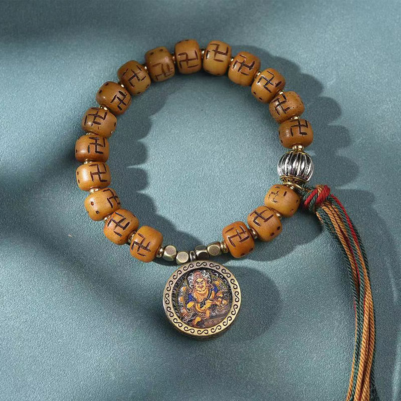 Buddha Stones, hueso de camello tibetano Natural, esvástica, cuentas Dzi, amuleto de Buda Shankha, Kirtimukha, pulsera con borla de protección de la suerte