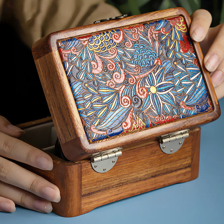 Caja de almacenamiento de joyería de palisandro con estampado floral hecha a mano retro, caja organizadora de regalo de madera con cerradura
