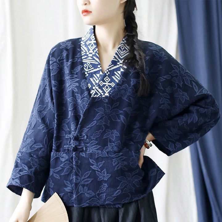 Chaqueta de manga larga con cuello en V y jacquard floral con Buddha Stones