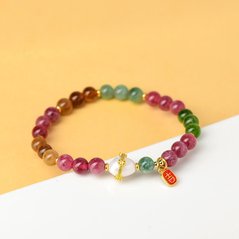 Pulsera de la sabiduría del encanto del carácter auspicioso de la perla de turmalina multicolor natural de las Buddha Stones
