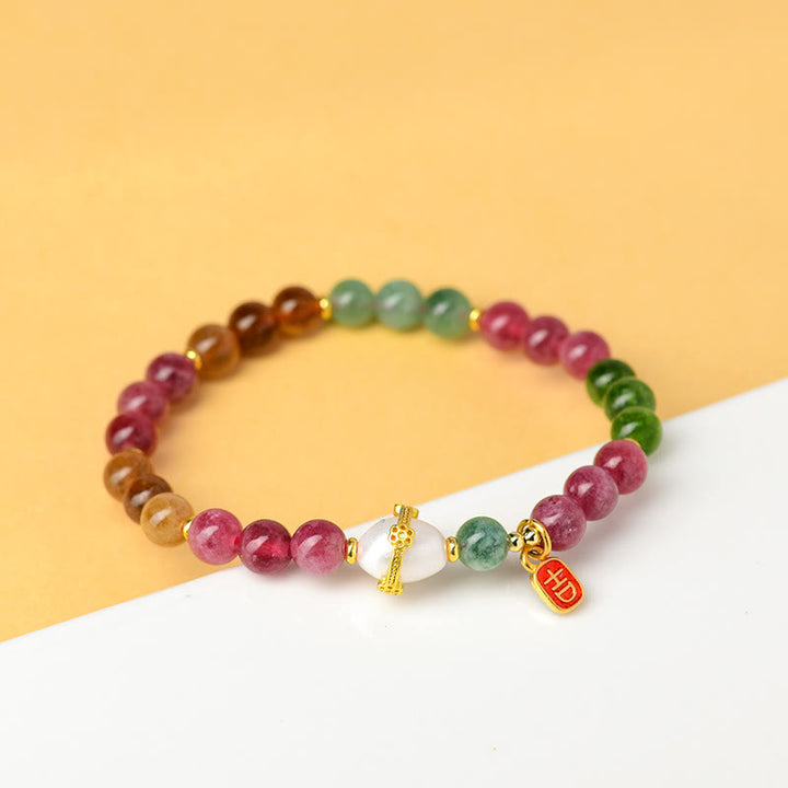 Pulsera de la sabiduría del encanto del carácter auspicioso de la perla de turmalina multicolor natural de las Buddha Stones