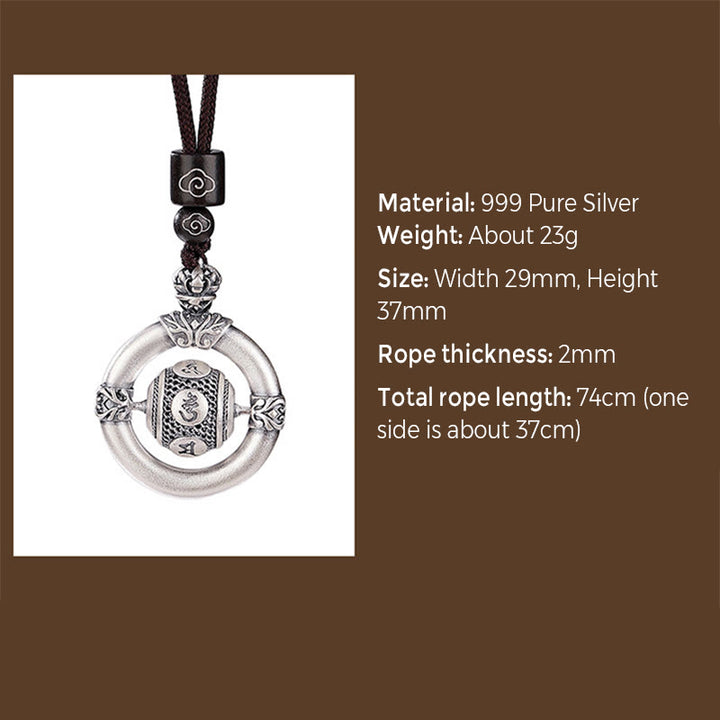 Collar con colgante de cuerda de sabiduría grabada con Om Mani Padme Hum de plata de ley 999 con Buddha Stones