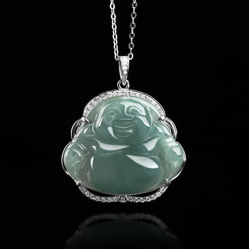 Colgante de cadena de collar de la suerte de jade natural de Buda sonriente de plata de ley 925 con Buddha Stones - image 4