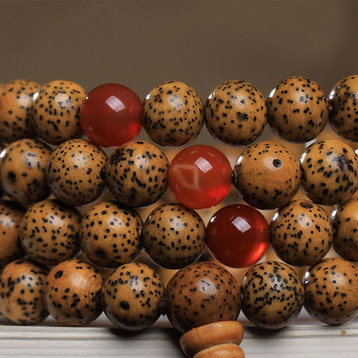Buddha Stones 108 cuentas Mala, semilla Bodhi, ágata roja, pulsera auspiciosa
