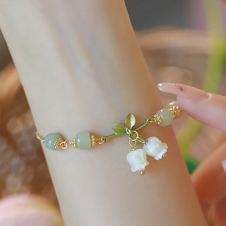 Pulsera de cadena de prosperidad de lirio de los valles con cuentas de jade verde y Buddha Stones