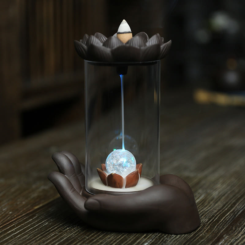 Buddha Stones, mano de Buda, iluminación de loto, luz LED, decoración de quemador de incienso de cerámica de arcilla púrpura