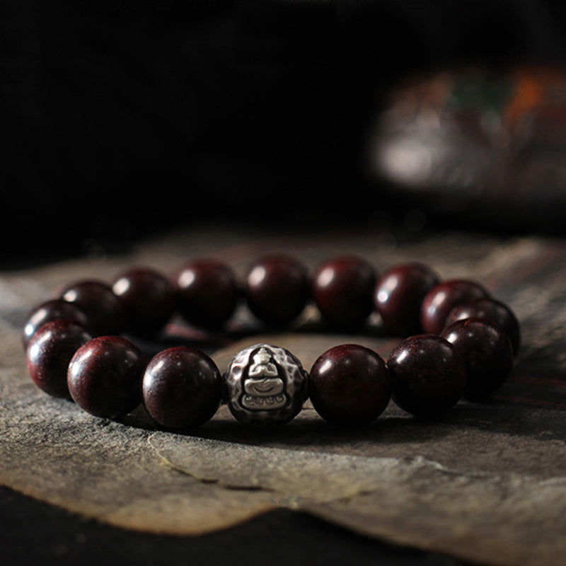 Pulsera de curación de Buda de sándalo rojo de hoja pequeña de sándalo verde de plata de ley 999 con Buddha Stones de Buda - Sándalo rojo de hoja pequeña (Equilibrio♥Calma) - 10 mm - image 5