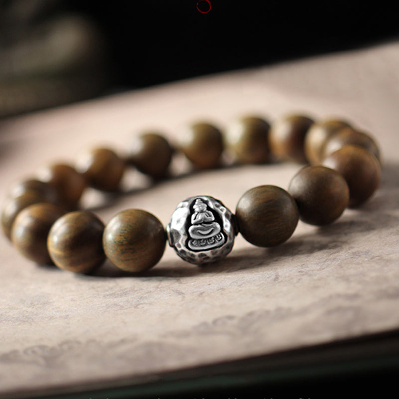 Pulsera de curación de Buda de sándalo rojo de hoja pequeña de sándalo verde de plata de ley 999 con Buddha Stones de Buda - Sándalo verde (Curación♥Positiva) - 10 mm - image 0