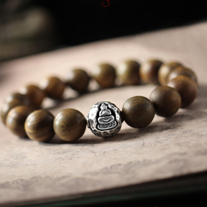 Pulsera de curación de Buda de sándalo rojo de hoja pequeña de sándalo verde de plata de ley 999 con Buddha Stones de Buda
