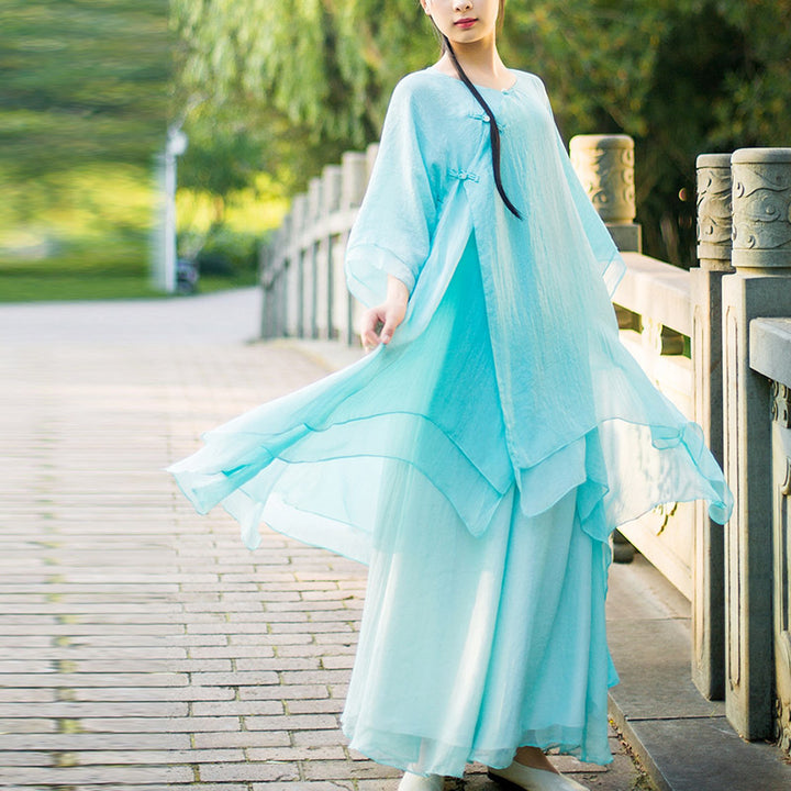 Juego de 3 piezas de ropa de gasa para yoga, Buddha Stones , uniforme, meditación, práctica Zen, para mujer - Traje azul claro (parte superior + pantalón + tirantes) - US6，UK/AU10，EU38 (XL) - image 0