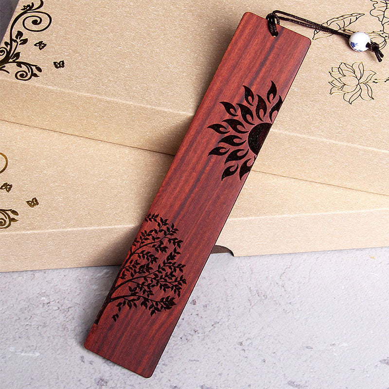 Marcadores de libros de sándalo rojo de hoja pequeña de madera de ébano con árbol solar y Buddha Stones con caja de regalo