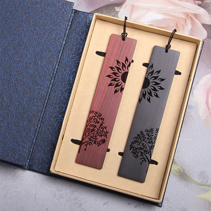 Marcadores de libros de sándalo rojo de hoja pequeña de madera de ébano con árbol solar y Buddha Stones con caja de regalo