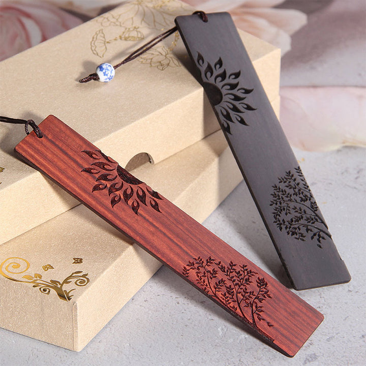 Marcadores de libros de sándalo rojo de hoja pequeña de madera de ébano con árbol solar y Buddha Stones con caja de regalo