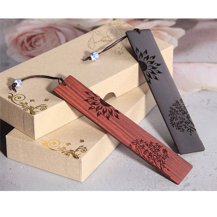 Marcadores de libros de sándalo rojo de hoja pequeña de madera de ébano con árbol solar y Buddha Stones con caja de regalo