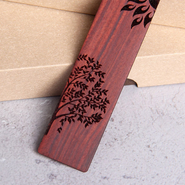 Marcadores de libros de sándalo rojo de hoja pequeña de madera de ébano con árbol solar y Buddha Stones con caja de regalo