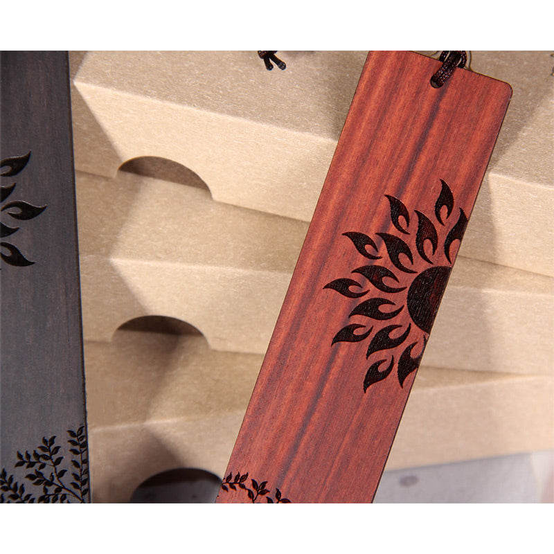 Marcadores de libros de sándalo rojo de hoja pequeña de madera de ébano con árbol solar y Buddha Stones con caja de regalo