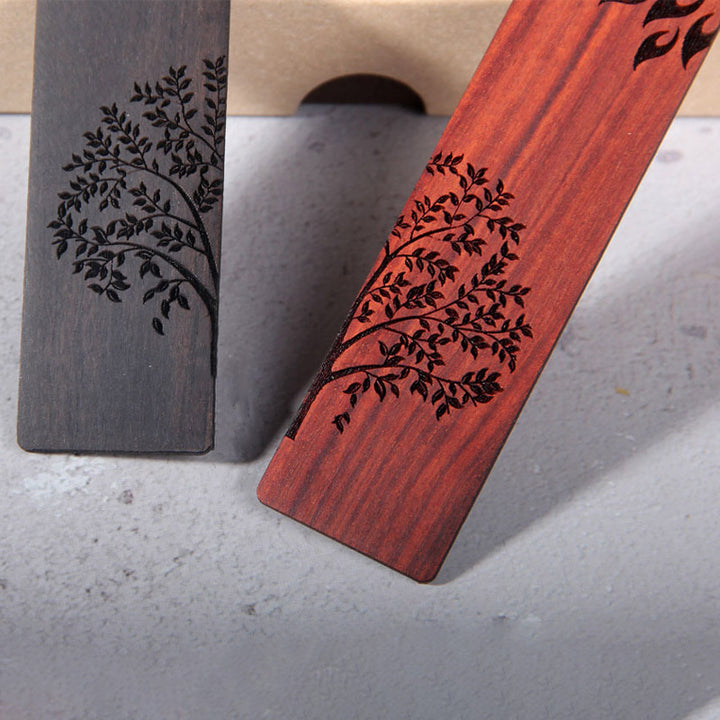 Marcadores de libros de sándalo rojo de hoja pequeña de madera de ébano con árbol solar y Buddha Stones con caja de regalo