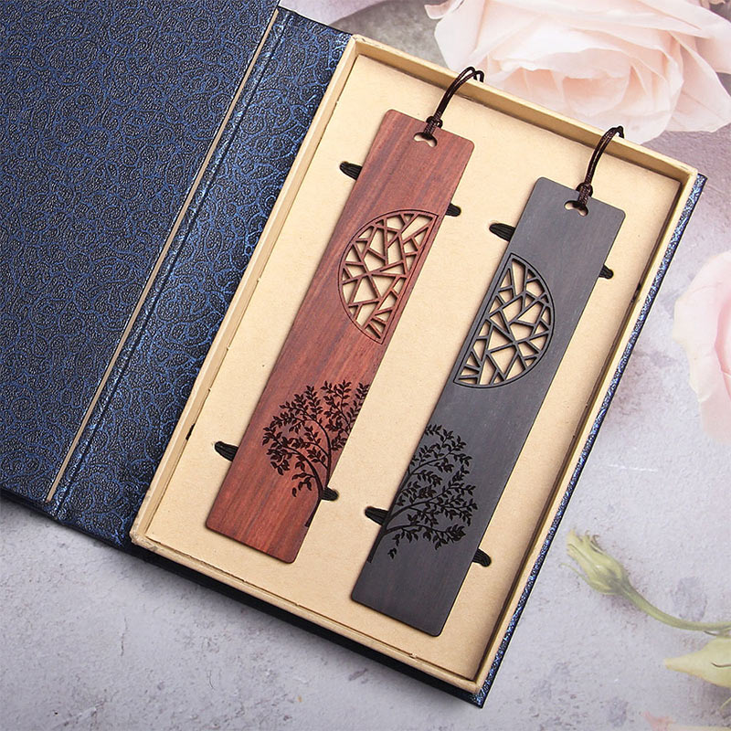 Marcapáginas de sándalo rojo con Buddha Stones, árbol de la vida, madera de ébano, hoja pequeña, con caja de regalo