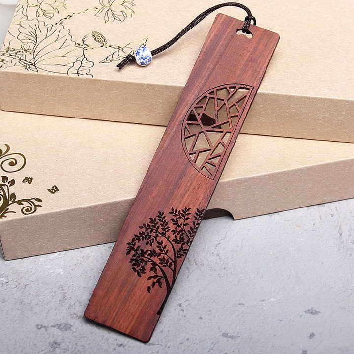Marcapáginas de sándalo rojo con Buddha Stones, árbol de la vida, madera de ébano, hoja pequeña, con caja de regalo