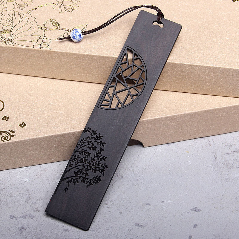 Marcapáginas de sándalo rojo con Buddha Stones, árbol de la vida, madera de ébano, hoja pequeña, con caja de regalo