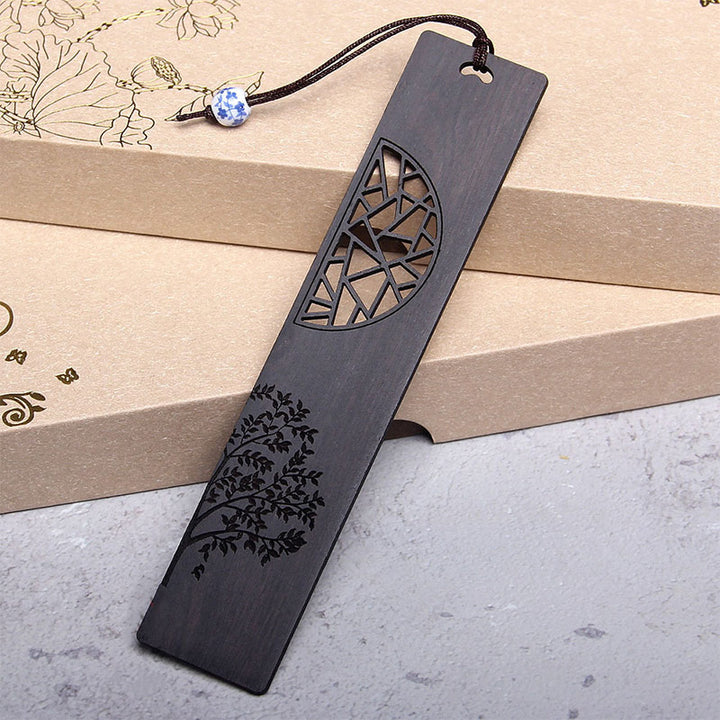 Marcapáginas de sándalo rojo con Buddha Stones, árbol de la vida, madera de ébano, hoja pequeña, con caja de regalo