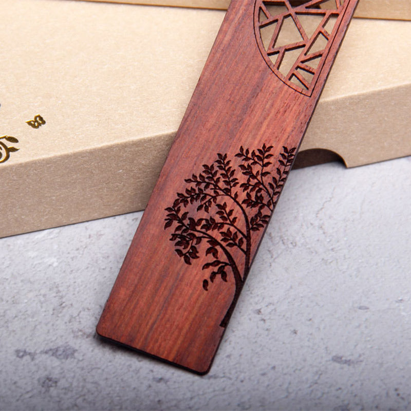 Marcapáginas de sándalo rojo con Buddha Stones, árbol de la vida, madera de ébano, hoja pequeña, con caja de regalo