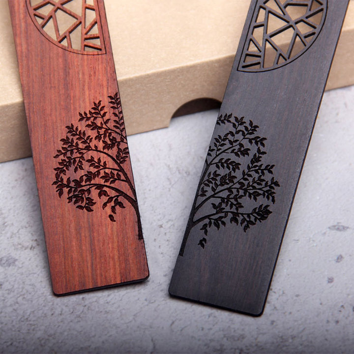 Marcapáginas de sándalo rojo con Buddha Stones, árbol de la vida, madera de ébano, hoja pequeña, con caja de regalo