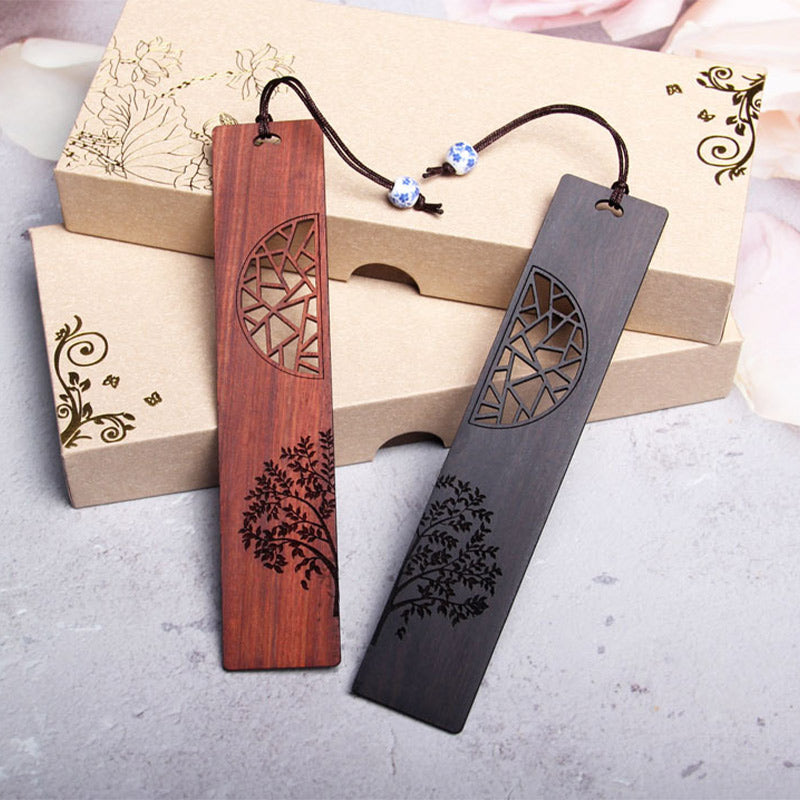 Marcapáginas de sándalo rojo con Buddha Stones, árbol de la vida, madera de ébano, hoja pequeña, con caja de regalo