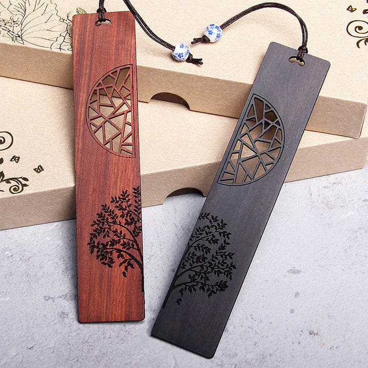 Marcapáginas de sándalo rojo con Buddha Stones, árbol de la vida, madera de ébano, hoja pequeña, con caja de regalo
