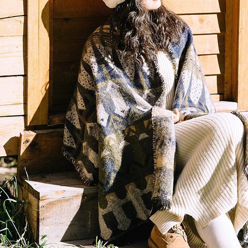 Mantón tibetano de Buddha Stones , patrón de geometría clásico, bufanda de viaje acogedora para invierno - Azul 210*65 cm - image 12