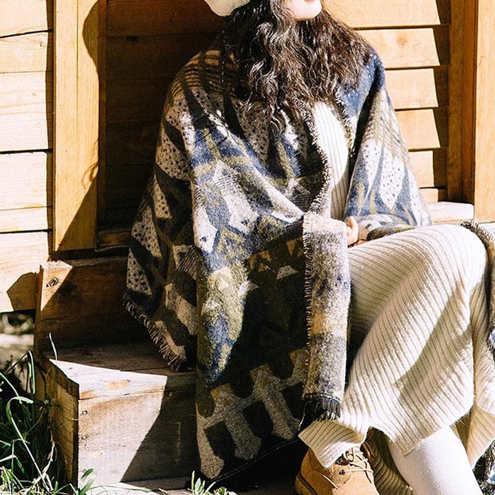 Mantón tibetano de Buddha Stones , patrón de geometría clásico, bufanda de viaje acogedora para invierno - Azul 210*65 cm - image 12