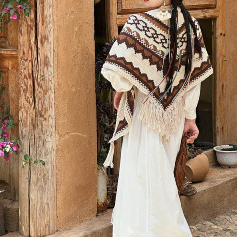 Buddha Stones Tibetano Rayas Marrón Beige Borla Mantón Invierno Acogedor Viaje Bufanda Envoltura - 185*65 cm - image 0