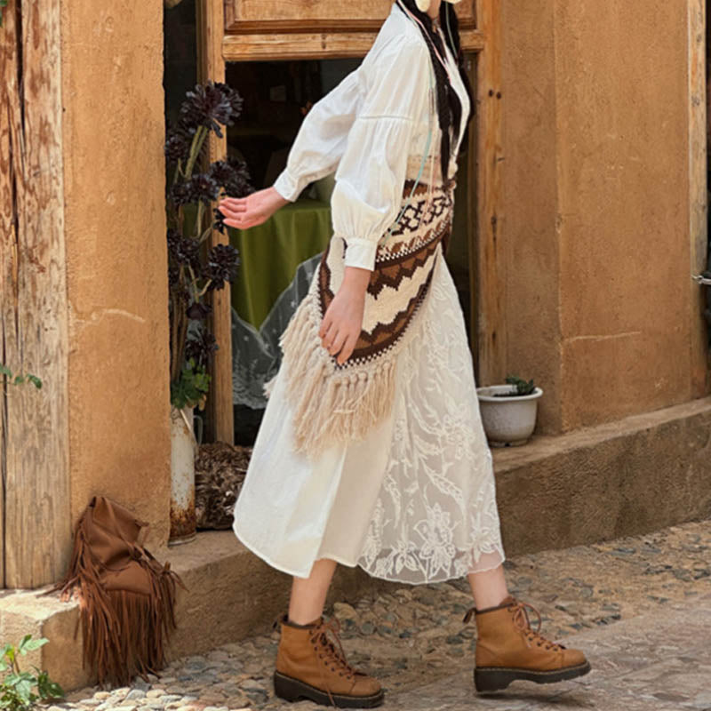 Buddha Stones Tibetano Rayas Marrón Beige Borla Mantón Invierno Acogedor Viaje Bufanda Envoltura - image 6