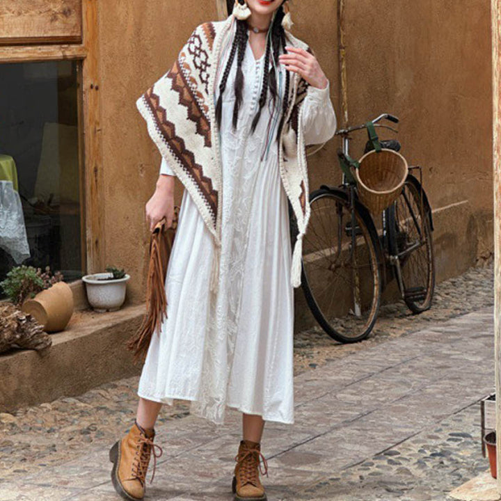 Buddha Stones Tibetano Rayas Marrón Beige Borla Mantón Invierno Acogedor Viaje Bufanda Envoltura - image 9